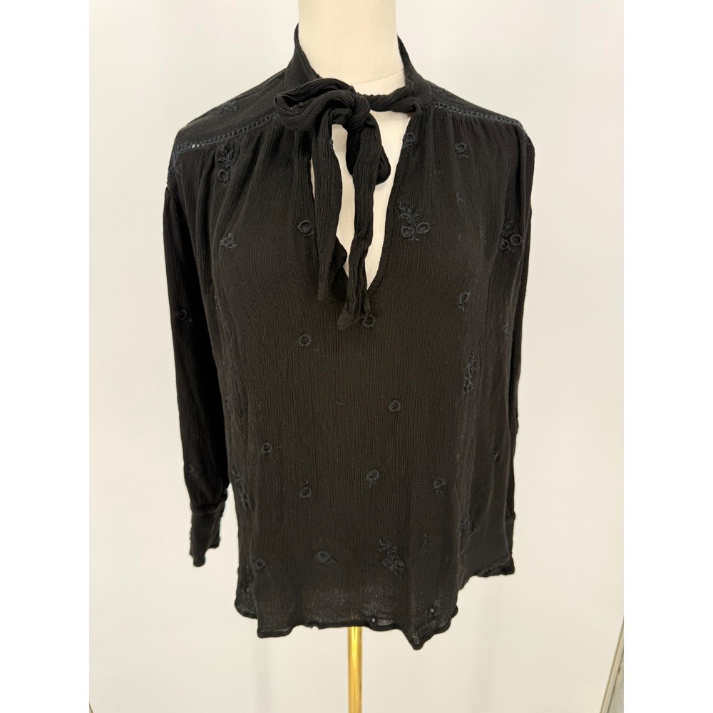 Free People Black Embroidered Tie Neck‎ Blouse Long Sleeve Women's Size S